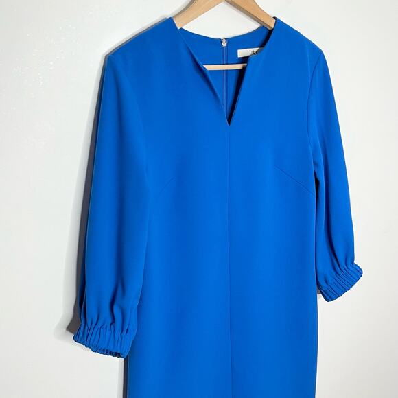 Tibi Womens Crepe Mini Shift Dress 6 Blue 3/4 Sleeve V Neck Workwear Cocktail - Picture 4 of 15